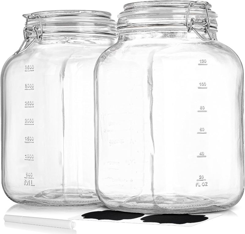 Photo 1 of 2 Pack 1 Gallon Square Super Wide-Mouth Glass Jars with Airtight Lids - Glass Storage Jars with 2 Measurement Mark - Canning Jars with Large Capacity, Sturdy For Canning, Overnight Oats, 4200 ML