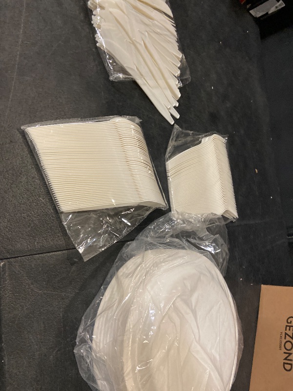 Photo 1 of 300 Pack Paper Plates Set Party Supplies Severs 50 Guests Disposable Party Plates Sugarcane Forks Knives Spoons Heavy-Duty Paper Plate Bagasse Natural Compostable Eco-Friendly Birthday Wedding