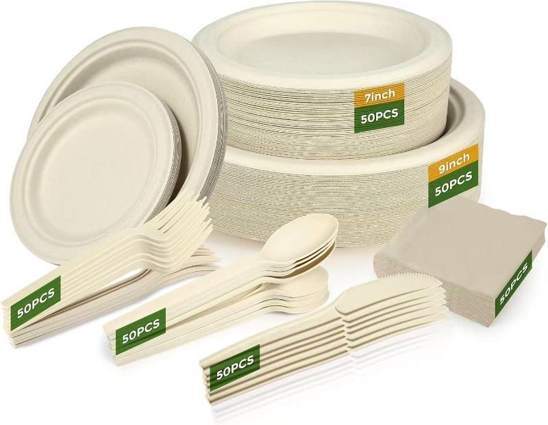 Photo 1 of 300 Pack Paper Plates Set Party Supplies Severs 50 Guests Disposable Party Plates Sugarcane Forks Knives Spoons Heavy-Duty Paper Plate Bagasse Natural Compostable Eco-Friendly Birthday Wedding