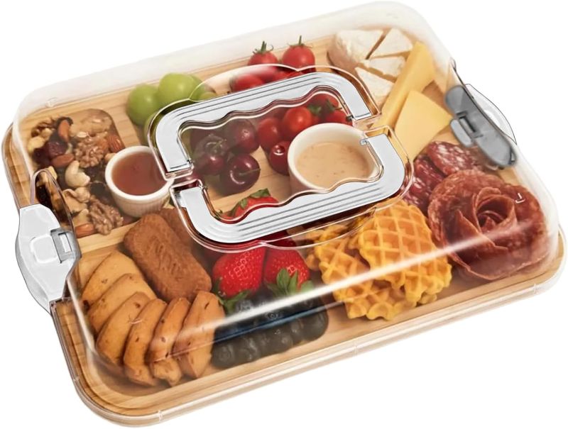 Photo 1 of Charcuterie Board with Lid Bamboo Charcuterie Boards with Handles 6 Compartments Serving Tray for Kitchen Food Snack Accessory