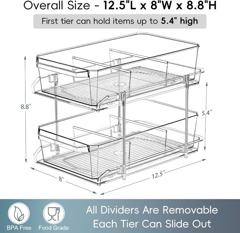 Photo 1 of 2 Set, 2 Tier Clear Organizer with Dividers for Cabinet, Shlef, Counter - MultiUse Slide-Out Storage Container - Kitchen, Pantry, Medicine Cupboard Bins, Bathroom, Vanity Makeup, Under Sink Organizing