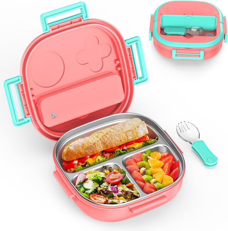Photo 1 of Bento Box for Kids Stainless Steel - 3-Compartment - Complete Lunch Set with Portable Utensil - Ideal for Children Under 10 Years Old - Dishwasher Safe & BPA-Free(Pink)