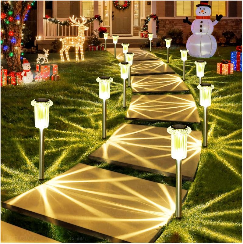 Photo 1 of DenicMic Solar Lights Outdoor 10 Pack Waterproof 3000K Warm White LED Acrylic lamp Head Stainless Steel Stake for Landscape Lighting Path Walkway Sidewalk Backyard Patio Christmas Decor