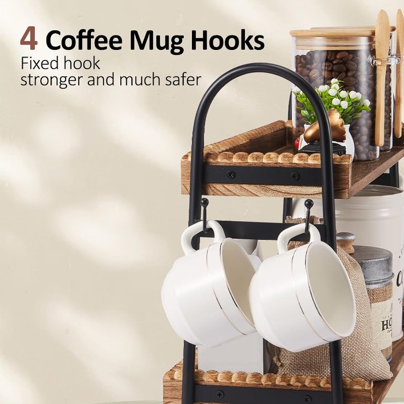 Photo 1 of Coffee Bar Accessories, 2-Tier Coffee Bar Organizer with 4 Coffee Cup Holder Hooks, Mul-tifunctional Wooden Beaded Coffee Station Countertop Stand Shelf for Kitchen Home Officev