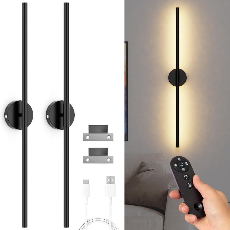 Photo 1 of Battery Operated Wall Sconces Set of Two, 35 Inch Wireless LED Sconces Wall Lighting with Remote Control Dimmable, Rechargeable Wall Lights, Wall Lamp Indoor for Living Room Bedroom Hallway - Black