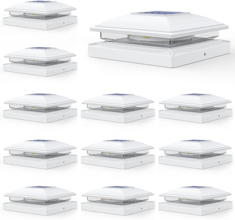 Photo 1 of APONUO 12 Pack Solar Post Cap Lights, 2 Modes(Warm/Cool Light) Outdoor Waterproof Fence Post Solar Lights, Solar Powered Garden, Patio, Deck Decor for 4x4, 5x5, 6x6 Wood & Vinyl Posts, White