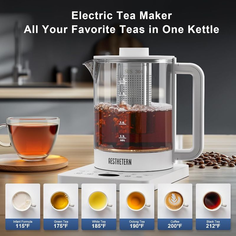 Photo 1 of Electric Tea Kettle with Infuser Temperature Control and Automatic Shut Off 24 H Keep Warm for Coffee Water Heater and Tea Pot Glass White 1.5L