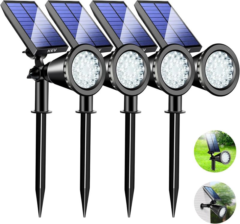 Photo 1 of KEV 800 Lumens Solar Spot Lights Outdoor,18 LEDs Solar Flood Lights with 2 Modes &Adjustable &IPX65 Waterproof,Solar Spotlight for Driveway/Backyard/Patio Landscape/Tree/Garage(Cool White, 4 Pack)