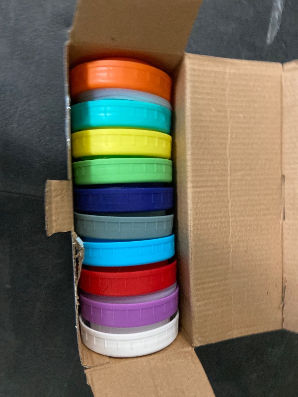 Photo 1 of 18 Pack 9 Wide Mouth & 9 Regular Mouth Mason Jar Lids with Silicone Rings,Thickened Leak-proof Lids Fit Ball,Kerr and More, 18 Color Plastic Lids, 86mm &70mm Plastic Mason Jar Lids
