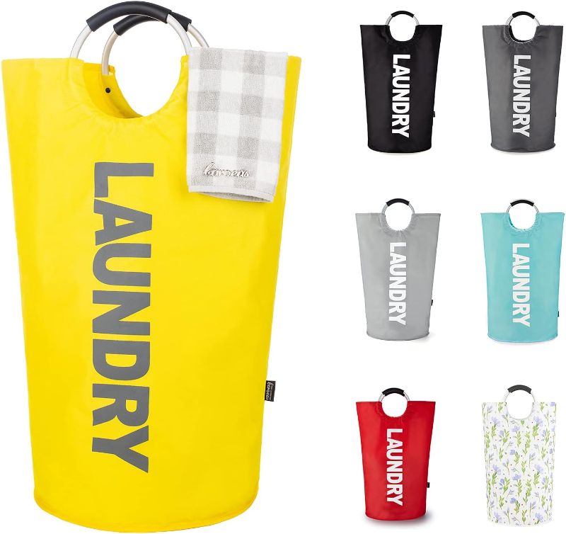 Photo 1 of Caroeas 95L Pro Large Laundry Basket (13 Colors), Waterproof Laundry Hamper, Laundry Bag with Padded Handles, Clothes Hamper Stands Up Well, Collapsible Laundry Basket Easy Storage(Yellow)