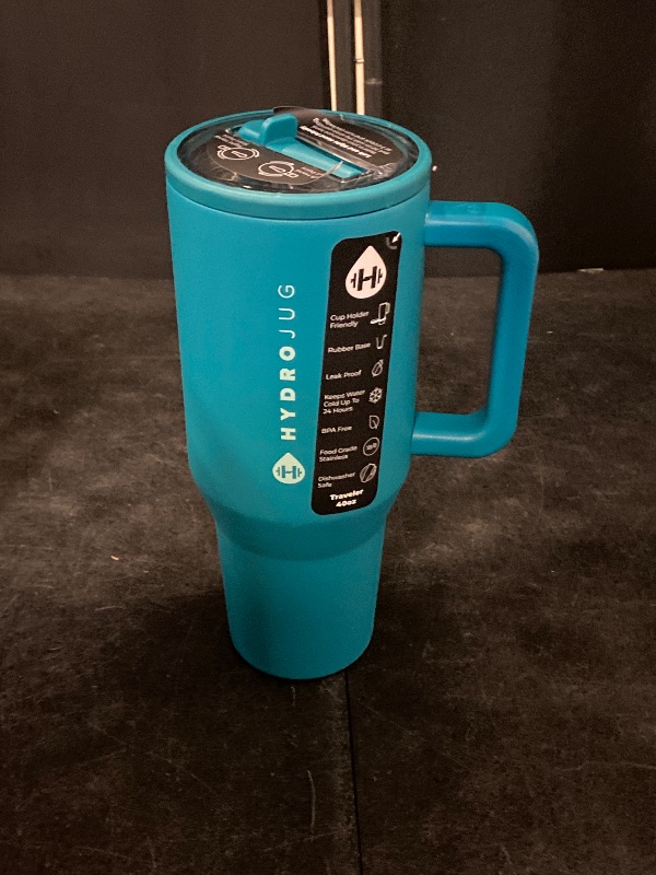 Photo 1 of HydroJug Traveler - 40 oz Water Bottle with Handle & Flip Straw - Fits in Cup Holder, Leak Resistant Tumbler-Reusable Insulated Stainless Steel & Rubber Base - Gifts for Women & Men, Riptide