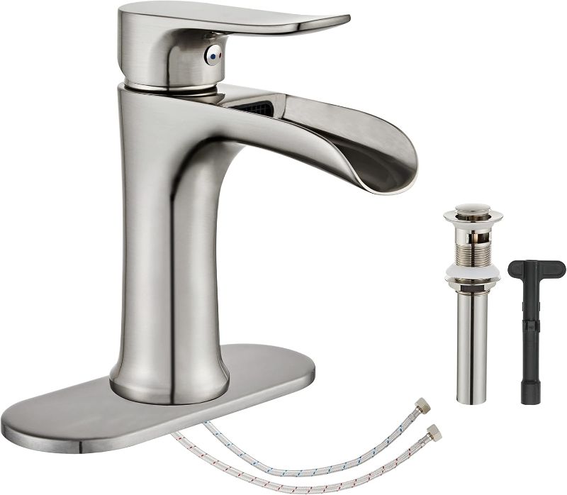 Photo 1 of Brushed Nickel Bathroom Faucet Yundoom Waterfall Single Hole Single Handle Bathroom Sink Faucet with Pop Up Drain