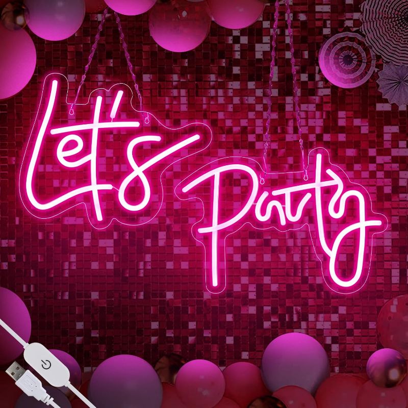 Photo 1 of 26×11.8 Inch Large Let's Party Neon Signs for Wall Decor,Dimmable LED Pink Neon Light Sign for Bedroom,Lets Party Light Up Sign for Bachelorette Party,Engagement Party,Wedding,Party,Home Bar(Two-Pack)