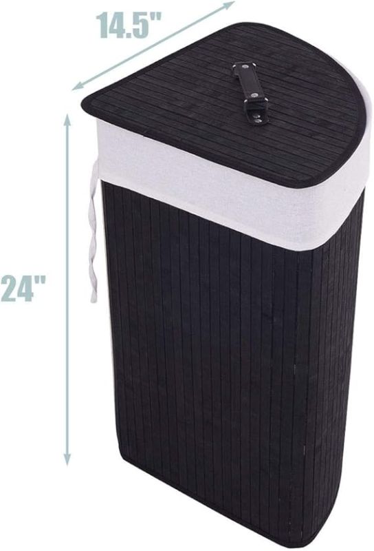 Photo 1 of GOFLAME Corner Bamboo Laundry Hamper with Lid and Removable Liner, Washing Clothes Basket Storage Bin with Handle, Suitable for Bedroom, Bathroom, Laundry (Black)