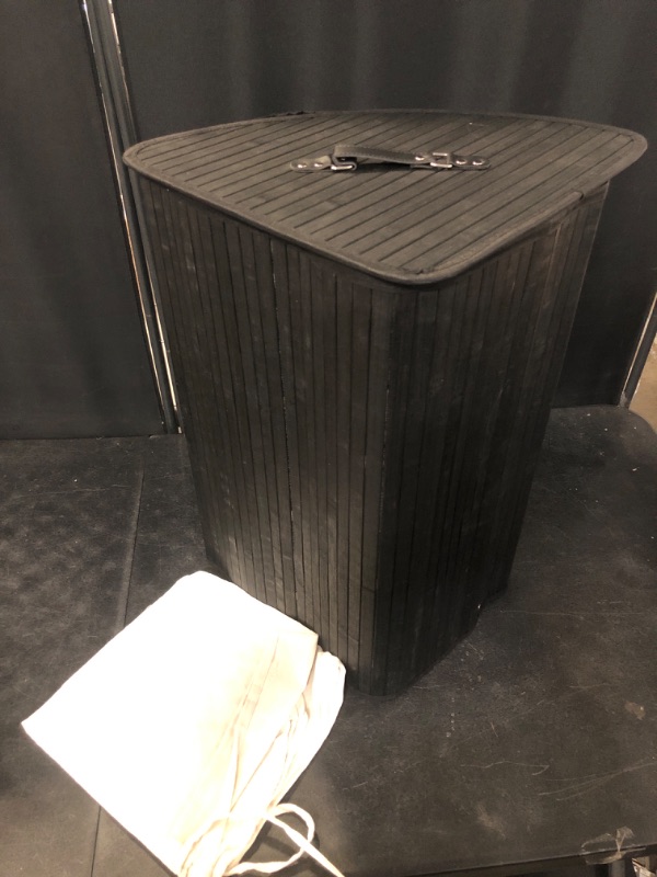 Photo 1 of GOFLAME Corner Bamboo Laundry Hamper with Lid and Removable Liner, Washing Clothes Basket Storage Bin with Handle, Suitable for Bedroom, Bathroom, Laundry (Black)