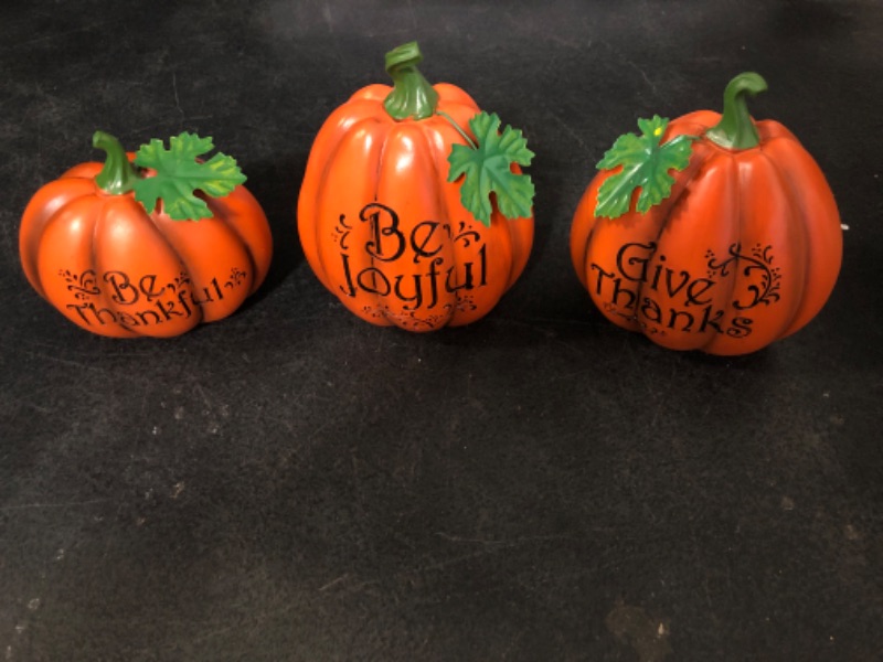 Photo 1 of Fun Express Resin Thanksgiving Pumpkin Set (3 Pieces) Carved with Be Joyful, Be Thankful and Give Thanks