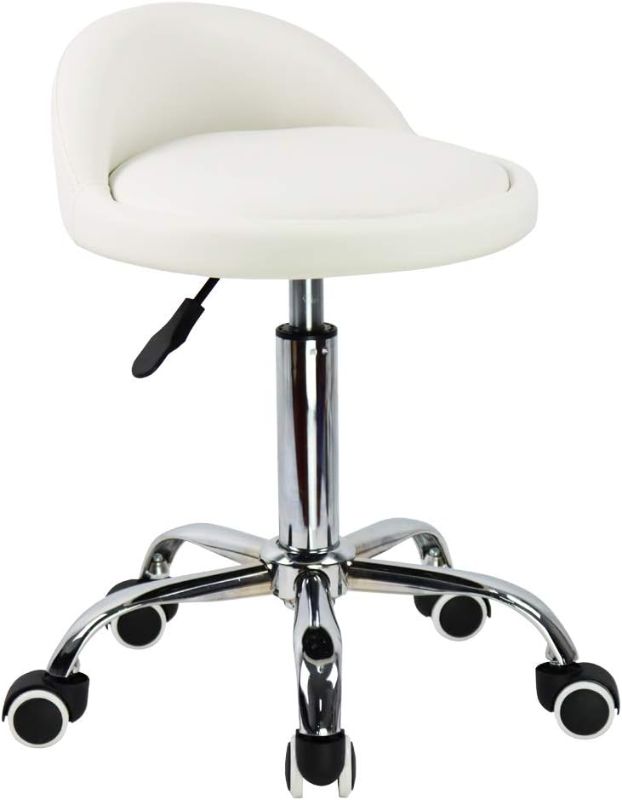 Photo 1 of KKTONER PU Leather Round Rolling Stool with Back Rest Height Adjustable Swivel Drafting Work SPA Task Chair with Wheels (White)