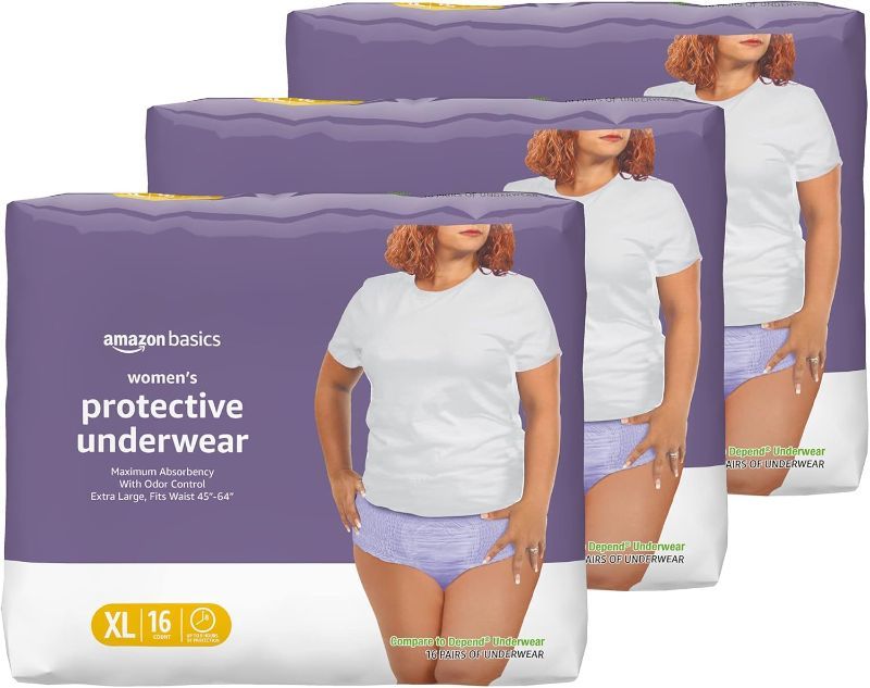 Photo 1 of (XL) Amazon Basics Incontinence Underwear for Women, Protective, Disposable, Postpartum, Maximum Absorbency, X-Large, Lavender, 16 Count