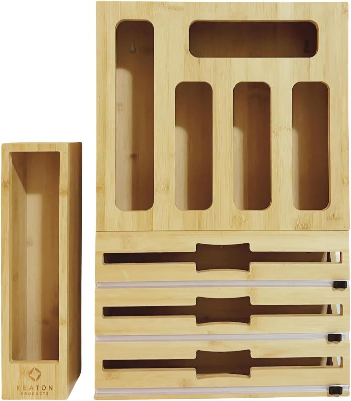 Photo 1 of Bamboo Storage Bag Organizer, with Foil, Wax, and Plastic Wrap cutter, 9 in 1
