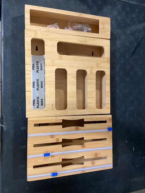 Photo 1 of Bamboo Storage Bag Organizer, with Foil, Wax, and Plastic Wrap cutter, 9 in 1