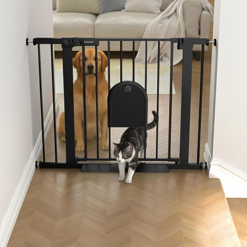 Photo 1 of 29.5"-40.5" Wide Baby Gate with Adjustable Cat Door for Stairs & Doorways - No Drilling, Easy Install 30.5" Tall, Auto-Close Metal Gate, Pressure Mounted - Indoor Safety Gate for Kids and Pets, Black