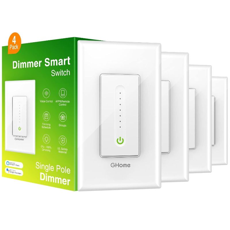 Photo 1 of GHome Smart Dimmer Switch Works with Alexa Google Home, Single Pole 2.4GHz Wi-Fi Switch for Dimmable LED CFL INC Light Bulbs, Neutral Wire Required, Not 3 Way, No Hub Required, 4Pack