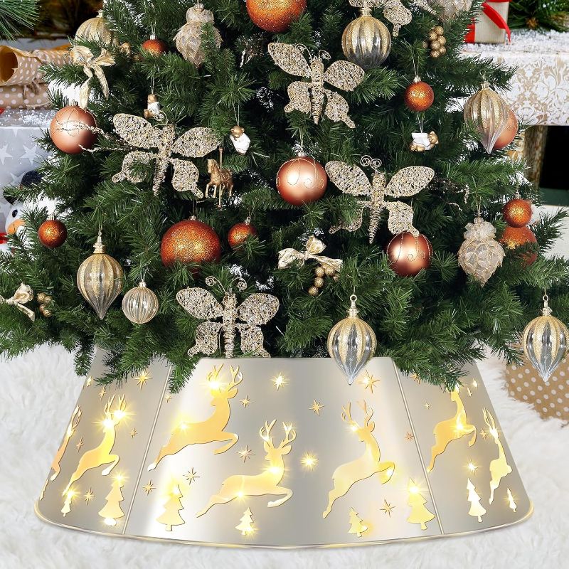 Photo 1 of Christmas Tree Collar, 28" Christmas Tree Collars with Lights for Artificial Tree,Reindeer Cutouts Metal Silver Tree Collar for 7.5ft Tree,Xmas Tree Skirt Base Cover Stand for Holiday Decoration