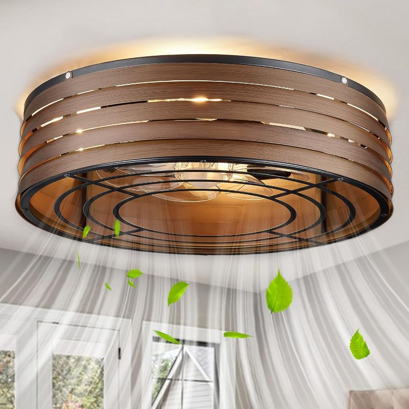 Photo 1 of 20'' Flush-Mount Ceiling Fan with Dimmable-Light and Memory Remote Control, Reversible-Motor, Perfect for Bedroom, Kitchen, Outdoor Gazebo, Patio, Low-Profile Black Walnut Design Cage