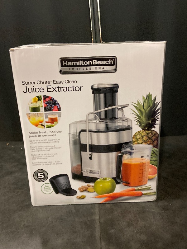 Photo 1 of Hamilton Beach Professional Juicer Machine, Centrifugal Extractor, with 3.5” Super Chute for Whole Fruits and Vegetables, 1100 Watts Easy Sweep Cleaning Tool, Black