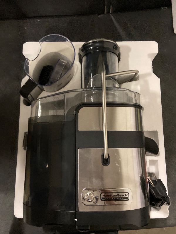 Photo 1 of Hamilton Beach Professional Juicer Machine, Centrifugal Extractor, with 3.5” Super Chute for Whole Fruits and Vegetables, 1100 Watts Easy Sweep Cleaning Tool, Black