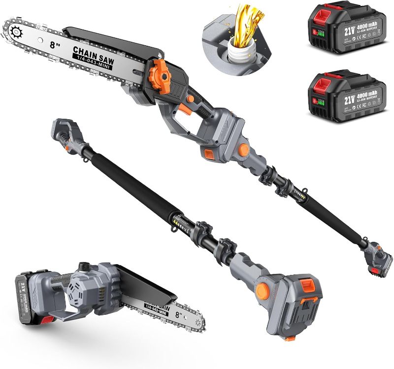 Photo 1 of 2-in-1 Pole Saw for Tree Trimming, 8 Inch Cordless Mini Chainsaw with Extension Pole, Brushless Motor, with 2 x 4.0 Ah Batteries & Charger, Auto Lubrication, 15 Ft Max Reach