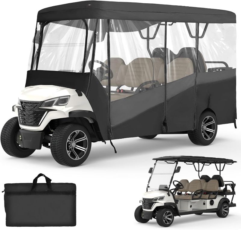 Photo 1 of KEMIMOTO Golf Cart Enclosure, 6 Passenger Golf Cart Rain Cover, 600D Waterproof Driving Enclosure with Clear PVC Windshield for Extended Roof Golf Cart