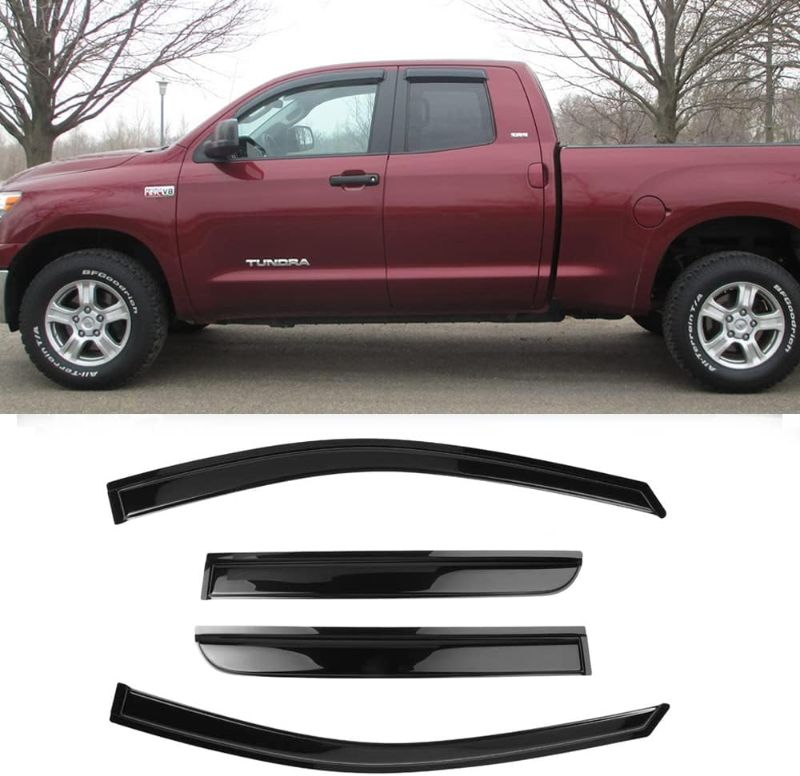 Photo 1 of 94761 Side Window Visor Wind Deflector,4pcs Outside Mount Tape-On Nice Sun Rain Guards Set fit for 2007-2021 Toyota Tundra Double Crew Cab With 2 3/4 Size Rear Doors