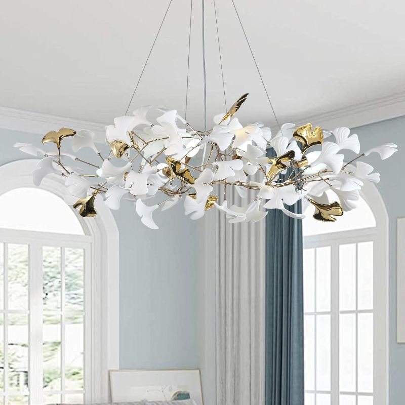 Photo 1 of 48 Inch Modern Chandelier for Dining Room, Gold Tree Branch Chandeliers with Ceramic Ginkgo Leaves, Leaf Chandeliers, 6-Light Hanging Pendant Light Fixture for Living Room, Kitchen Island