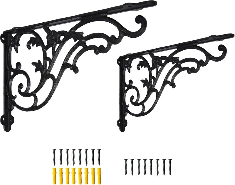 Photo 1 of 14''x8.5'' Decorative Shelf Brackets,4 Pack Cast Iron Shelf Supply,14 Inch Large Antique Black Corbesl,Screws Anchors Included
