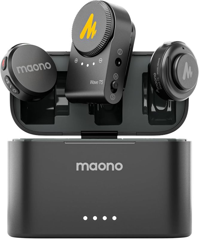 Photo 1 of MAONO Wireless Lavalier Microphone for Camera/PC/Laptop/Phones, Mini Lapel Mic with 48khz 24bit, 1000ft Range, Noise Cancellation, Gain Knob, Mono-Stereo Switch, 30H Use for Video Recording - Wave T5
