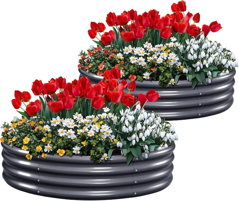 Photo 1 of KING BIRD Raised Garden Bed Galvanized Round Planter Box Outdoor for Gardening, Plants, Vegetables, Flowers, Dark Grey, 47x47x12 in 2 Packs