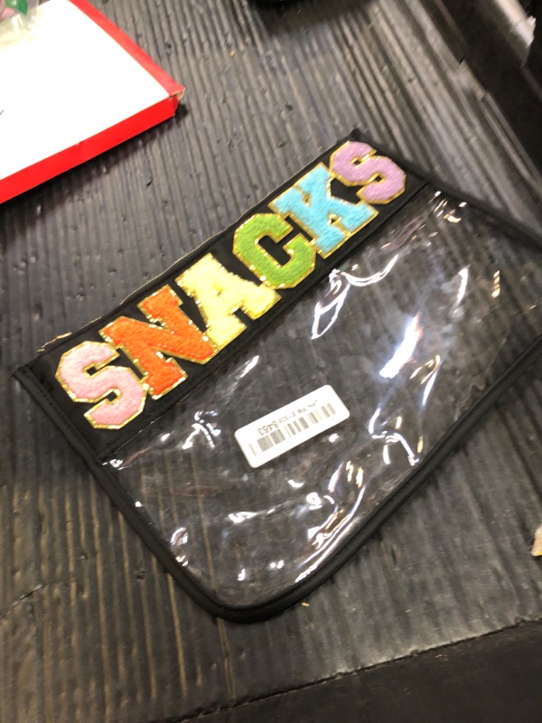 Photo 1 of DYSHAYEN Snack Bag for Travel,Chenille Letter Clear Zipper Pouch,Nylon Clear Cosmetic Bag,Preppy Makeup Travel Bag for Women (Black-Snacks)