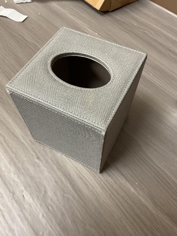 Photo 1 of GOLRANLYE Tissue Box Cover Square PU Leather Facial Tissue Box Holder for Dresser Bathroom Decor (Linen grey)