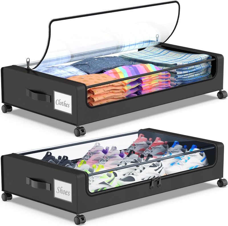Photo 1 of Beborxue Under Bed Storage with Wheels, 2-Pack Under Bed Storage Containers with Clear Lids, XXL 60L Under Bed Shoe Storage Organizer, Rolling Underbed Storage for Clothes, Shoes, Blankets (Black)