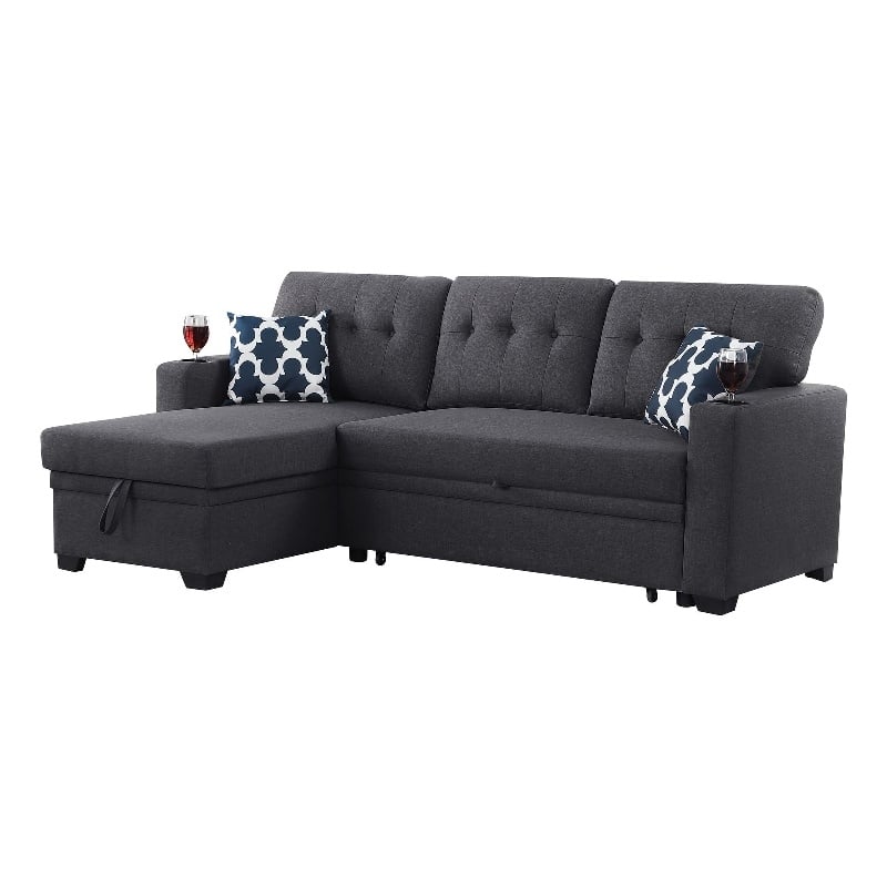 Photo 1 of Reversible Fabric Sleeper Sofa Bed & Chaise with Cup Holder-Dark Gray