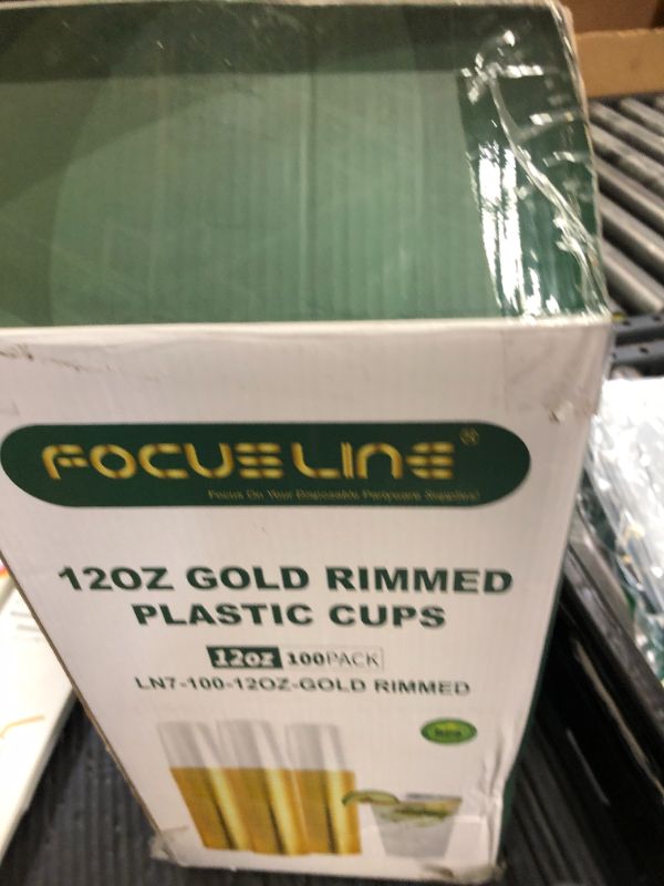 Photo 1 of FOCUSLINE 100 Pack 12 oz Gold Rimmed Plastic Cups, 12 Ounce Clear Plastic Tumblers, Heavy-duty & Fancy Disposable Hard Cups with Gold Rim for Wedding