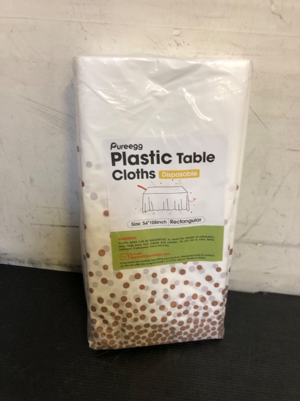 Photo 1 of Pureegg Plastic Table Cloth Disposable 8 Pack, 54 x 108 Inch Table Cloths, Graduation Decorations of 2025, Graduation Tablecloths, Rectangle, Plastic Cover, Leakproof & Sturdy, White and Rose Gold