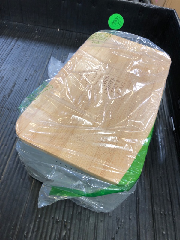 Photo 1 of LARS NYSØM Bread Box I Metal Box with linen bag for long lasting freshness I Bread Bin with bamboo lid usable as cutting board I 13.4x7.3x5.3In (Ash Gray)