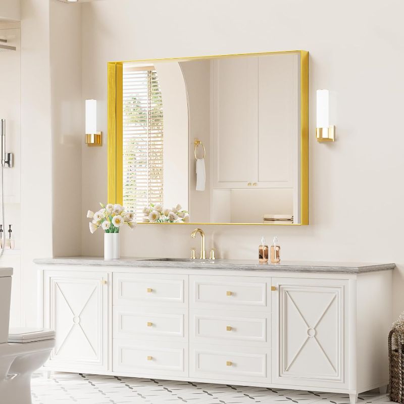 Photo 1 of 43x30 Inch Metal Framed Bathroom Mirror for Wall, Gold Rectangle Vanity Mirror