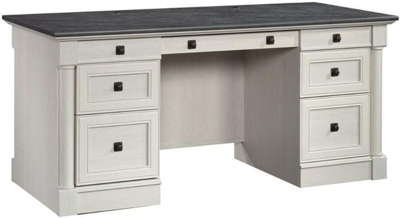 Photo 1 of Sauder Palladia Office Desk with Drawers, Executive Desk with File Cabinet Storage, Cable Management, Keyboard Tray, in Glacier Oak Finish