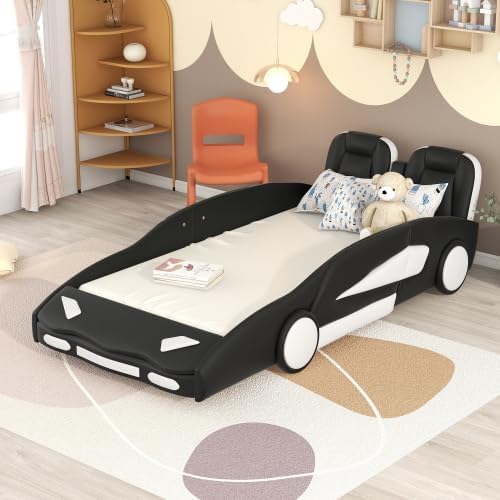 Photo 1 of Twin Size Race Car-Shaped Platform Bed with Wheels, Black
