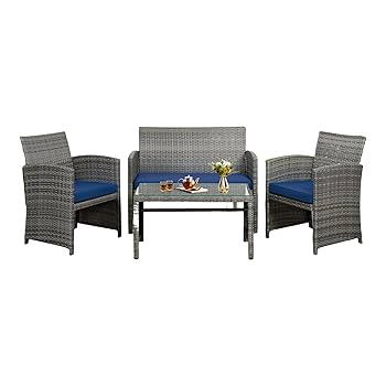 Photo 1 of Patio Furniture Set Small Outdoor Wicker Rattan Front Porch Bistro Set Cushioned Patio Chairs Conversation Set with Glass Table for Lawn, Garden, Backyard, Balcony (Deep Blue)
