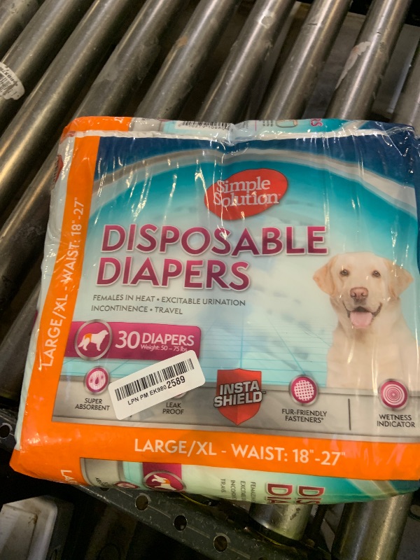 Photo 1 of Simple Solution Disposable Dog Diapers, Female Dog Diapers, Puppy Potty Training, Incontinence and Heat Cycle Protection, Large Diapers for Dogs, 18-27 Inch Waist, 30 Count