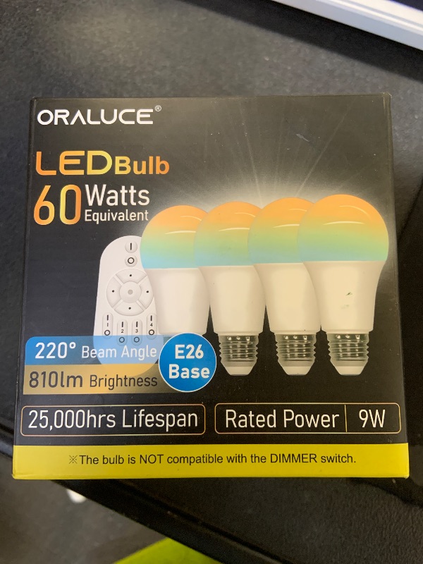 Photo 1 of ORALUCE LED Remote Control Light Bulbs 60 Watt Equivalent, Dimmable 2700-6500K Lightbulbs E26 Base, A19 Bluetooth Smart Light Bulb for Lamp, Bedroom, 4 Pack with Remote Control
